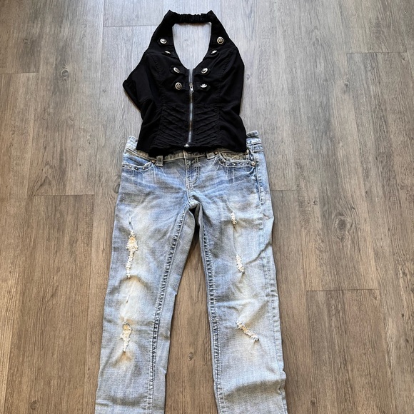 Harley Davidson distressed ripped low rise jeans. Gem and stud details. - Picture 1 of 15